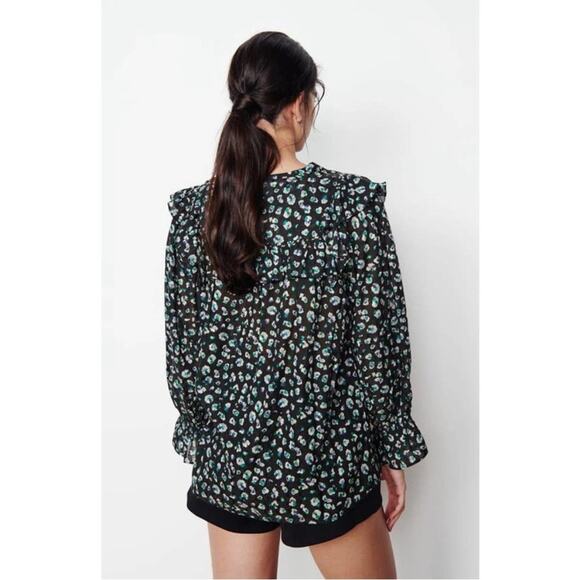 BA&SH Blake Black Leopard Printed Blouse Long Sleeve Cotton Button Front Top S - Picture 2 of 10